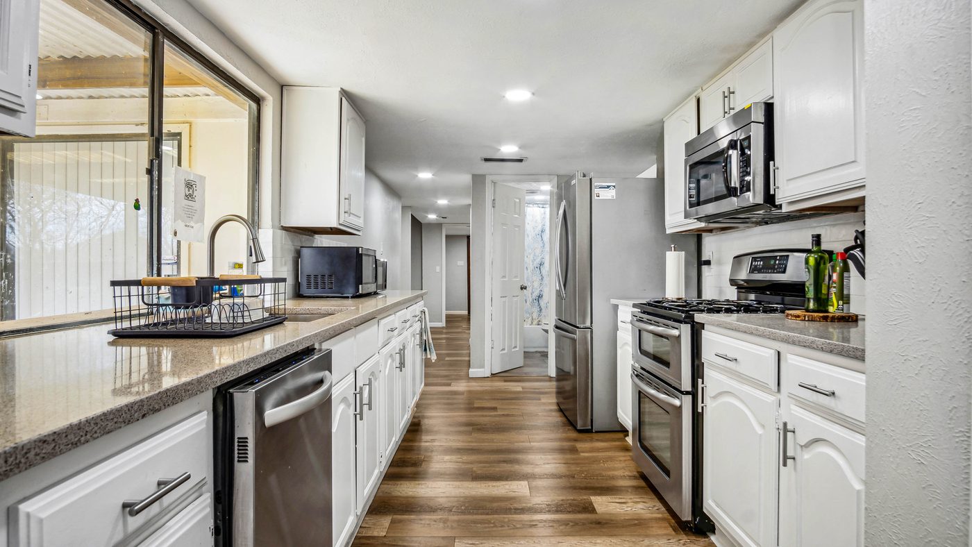 Galley kitchen with sink window at Blue Ridge