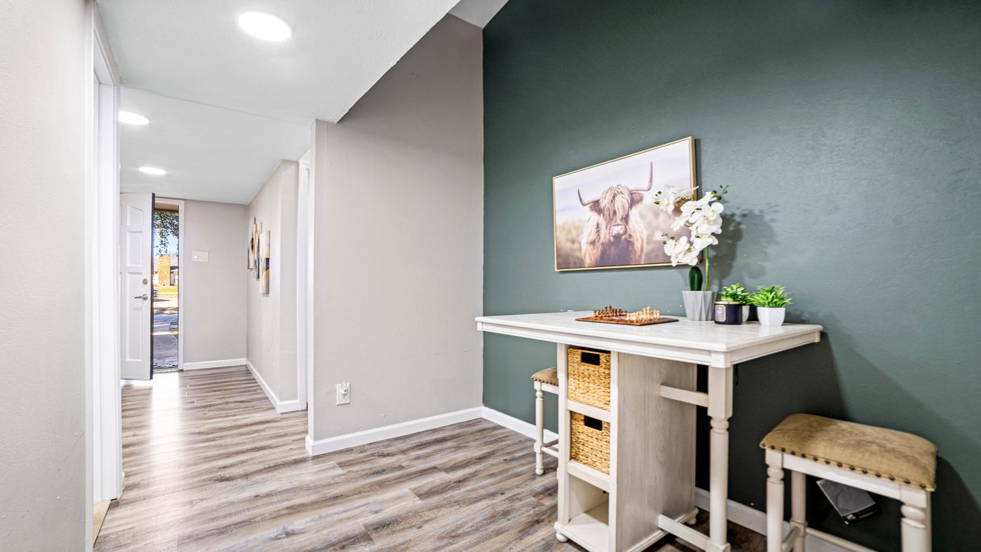 Dining nook with table and stools at Spring Creek